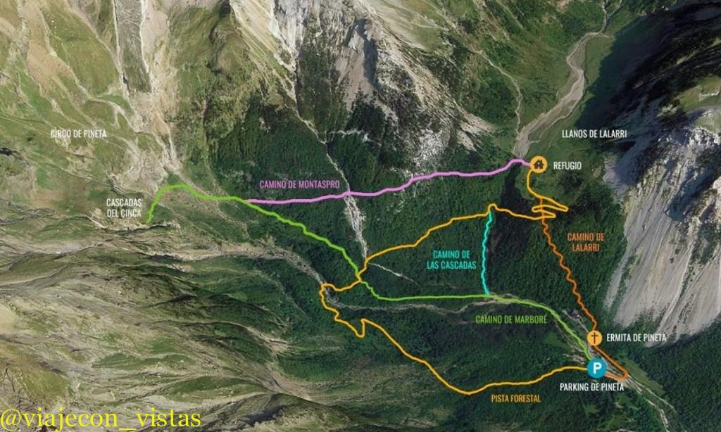 mapa rutas en el valle del pineta